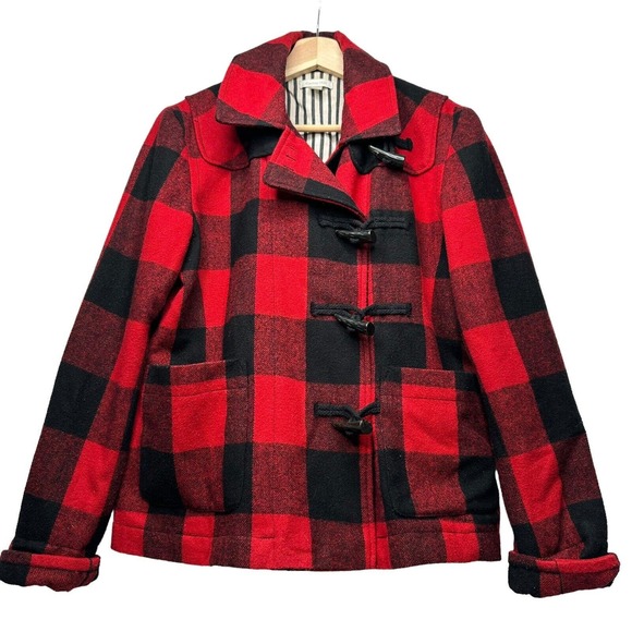 GARNET HILL Women Wool Pea Coat Jacket Sz 6 Buffalo Check Plaid Toggle Close - Picture 1 of 12